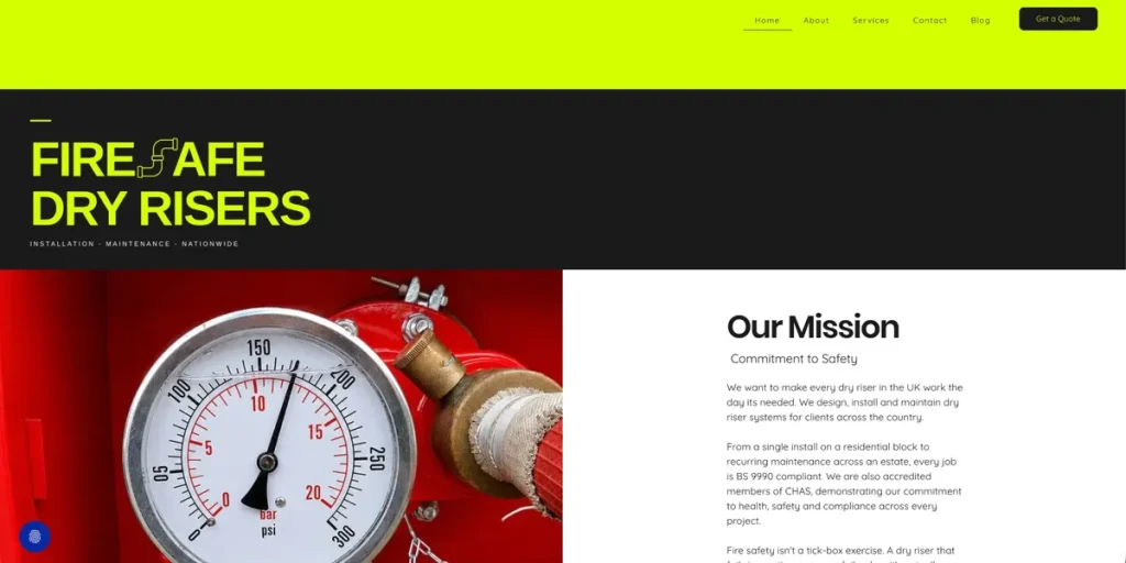 Fire Safe Dry Risers homepage with a bold yellow and black design