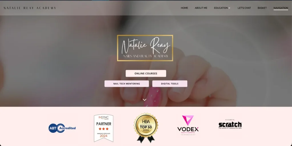 Natalie Reay Academy homepage with nail course buttons