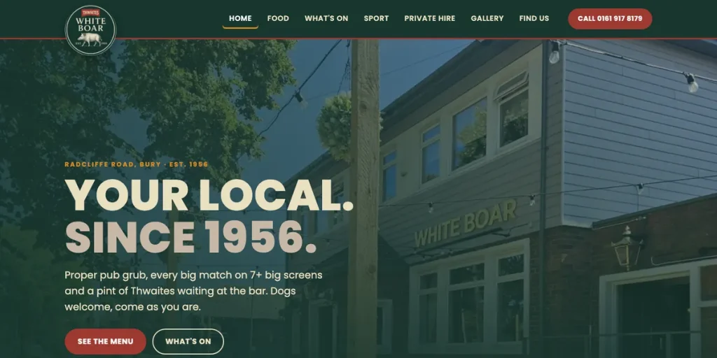 The White Boar pub website homepage on a desktop screen