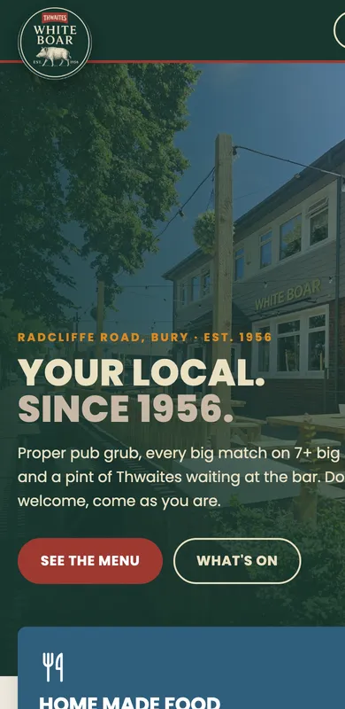 The same pub website on a phone